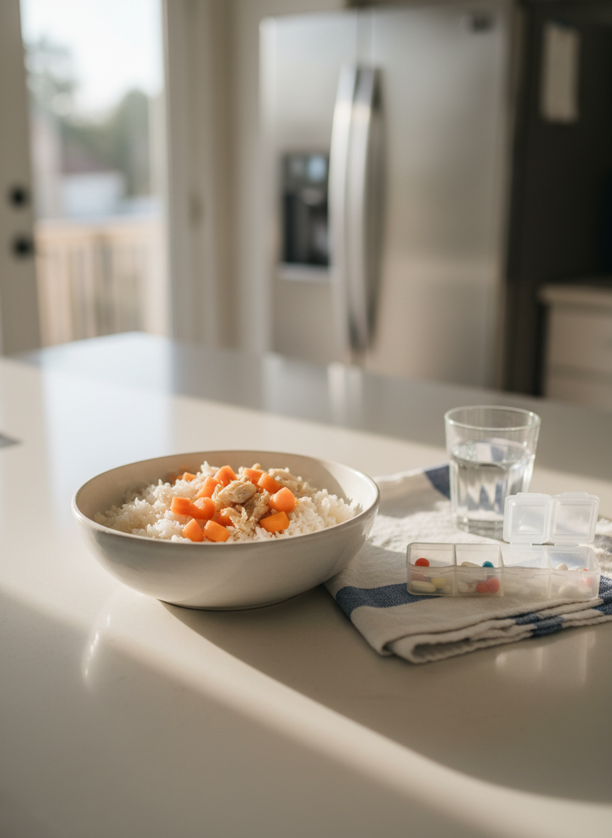 A bright kitchen counter scene focused on a simple, Crohn’s-friendly meal prep: a white stoneware bowl filled with plain rice, steamed carrots, and tender chicken pieces, all looking gentle and easy to digest. Nearby, a pill organizer and a small glass of water sit on a folded striped dish towel, hinting at daily health management without showing any people. Soft afternoon light filters through a nearby window, creating gentle reflections on the counter and subtle shadows beneath each object. Photographed from a slightly elevated angle with crisp focus on the bowl and pill case while the background appliances and refrigerator fade softly, the overall atmosphere feels caring, honest, and quietly empowering in natural photographic realism.