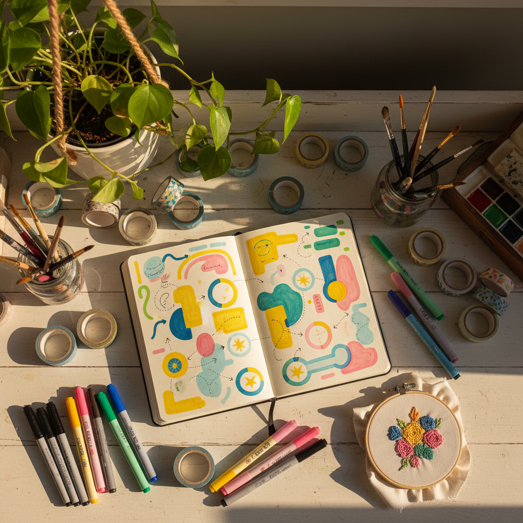 A colorful craft corner featuring an open sketchbook spread filled with abstract shapes, arrows, and playful progress trackers instead of words, symbolizing self-improvement and creativity. Around it sit neatly arranged washi tapes, vibrant markers, a small embroidery hoop with an in-progress floral design, and a jar of paintbrushes with dried paint on the handles. The desk is a gently worn white surface, with a potted trailing plant hanging into the frame from above. Late afternoon golden light streams across the workspace, creating long, soft shadows and a warm glow on the pages. Captured from a top-down, bird’s-eye view with sharp focus throughout, the photograph feels lively, playful, and inspiring, celebrating creative experimentation in a realistic, cluttered-but-charming style.