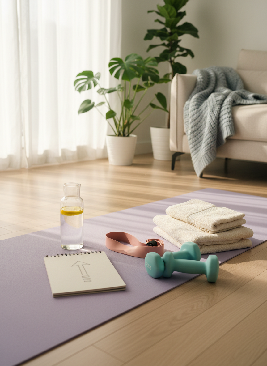 A sunny living room scene dedicated to gentle fitness and wellness: a pastel yoga mat rolled out on a light wood floor, next to a pair of small hand weights, a resistance band, and a neatly stacked pile of soft, folded towels. A clear water bottle with lemon slices and a notebook with a hand-drawn progress arrow on the cover rest at one corner of the mat, suggesting mindful movement and tracking without text. Soft, diffused morning light filters through sheer curtains, creating a bright yet calming atmosphere. Shot from a slightly elevated corner angle using the rule of thirds, the mat leads the eye into the frame while lush houseplants and a cozy throw blanket on a nearby sofa blur pleasantly in the background, in clean photographic realism.