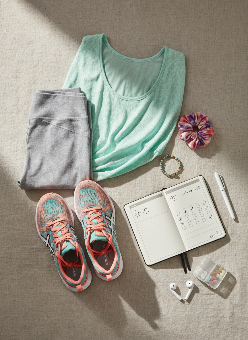 A styled flat-lay on a neutral linen backdrop combining style, health, and creativity: a laid-out casual outfit with soft leggings, a loose, breathable top, and colorful sneakers, alongside a delicate beaded bracelet and a playful scrunchie. Beside them, a small open planner shows illustrated checkboxes and arrows instead of text, plus a pen, a pair of earbuds, and a tidy pill case subtly hinting at chronic illness management. Natural window light from one side creates gentle highlights on the fabric textures and soft shadows that give depth. The composition is carefully balanced, with objects arranged diagonally for dynamic energy, photographed in crisp, realistic detail from directly overhead. The mood is upbeat, playful, and practical, reflecting an active, stylish life lived with intention and self-care.