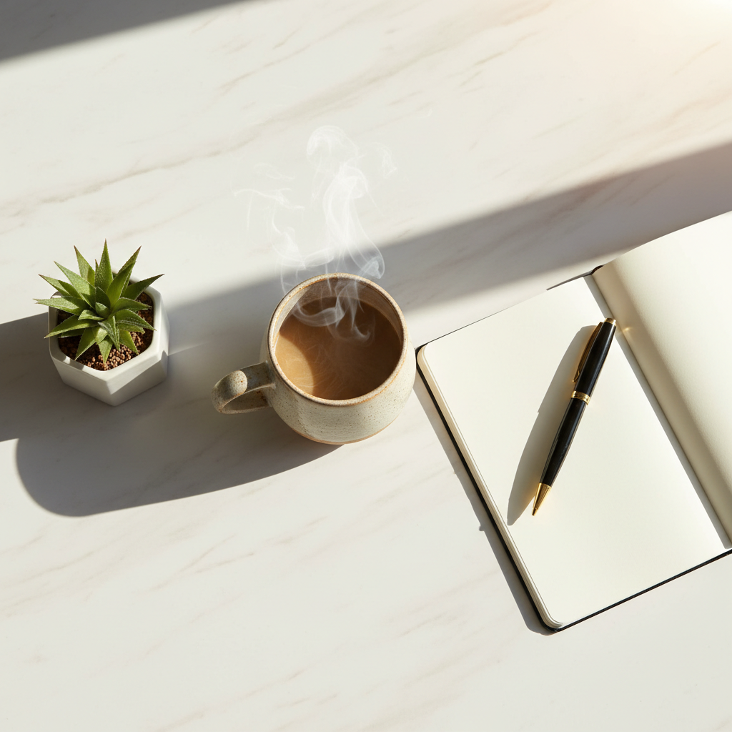 A flat lay lifestyle shot on a clean white marble surface — a ceramic coffee mug with steam rising, an open notebook with a pen resting on it, a small succulent plant, and golden morning light casting soft shadows. No people. Warm, fresh, minimal. Lifestyle blog aesthetic.